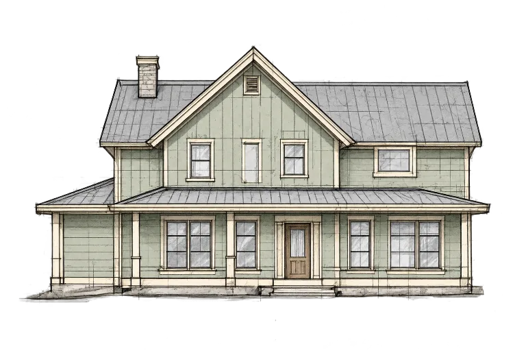 Front elevation of Orchard Lane House: a two-storey farmhouse with sage board-and-batten siding, a metal roof, a front gable and a deep porch, drawn in pencil and coloured in.