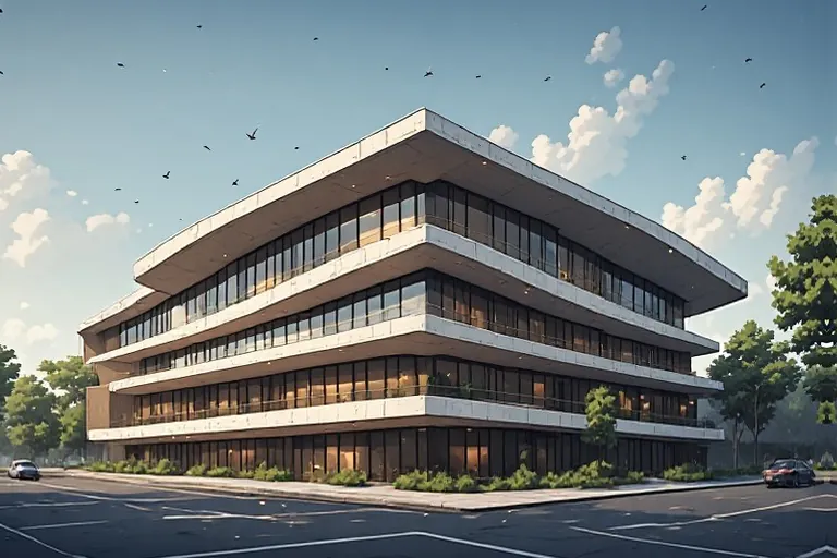 A four-storey building with deep cantilevered floor slabs and continuous glazing, with its line drawing faintly traced over it.