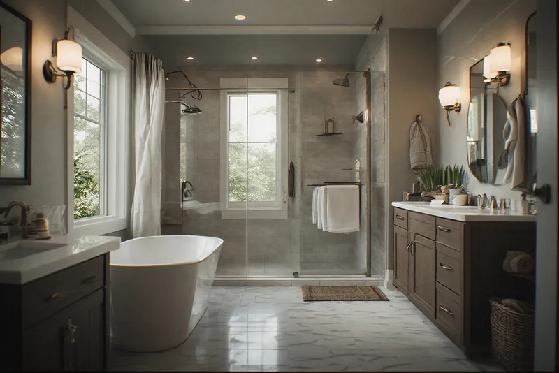 The bathroom: a freestanding tub, a glass walk-in shower with a window into the trees, marble floor tiles and two wood vanities.
