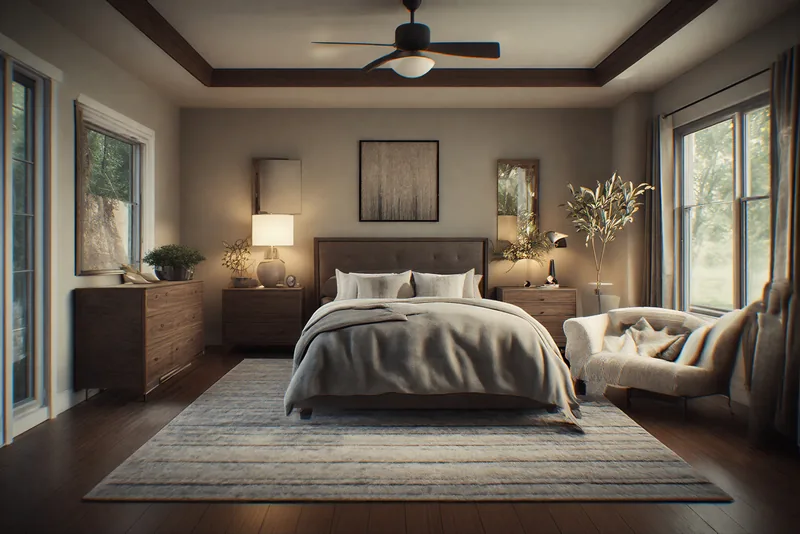 The main bedroom: a tray ceiling with dark wood trim, a bed between two lamps, a walnut dresser and a reading chair by the window.