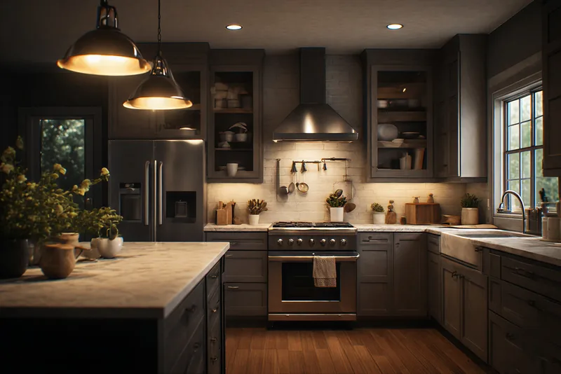 The kitchen: grey shaker cabinets, a steel range under a chimney hood, a farmhouse sink below a window and an island under two brass pendants.