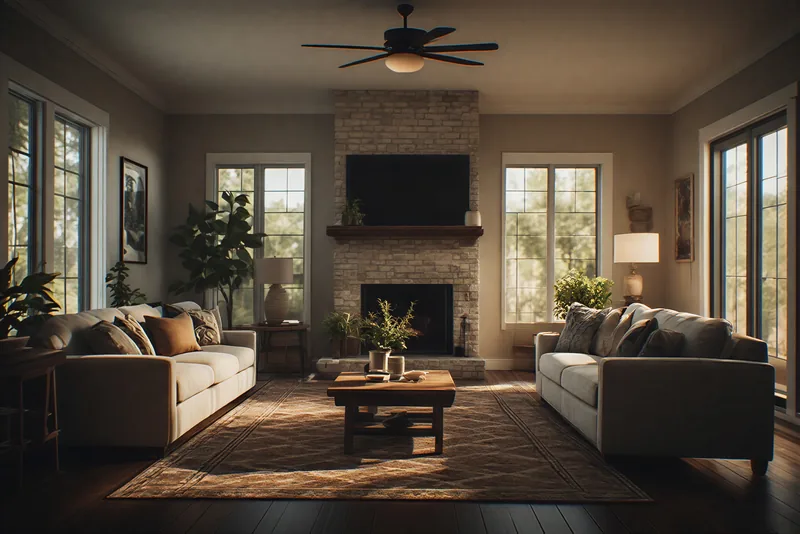 The living room: two pale sofas face each other across a wood coffee table, with a stone fireplace between tall windows.